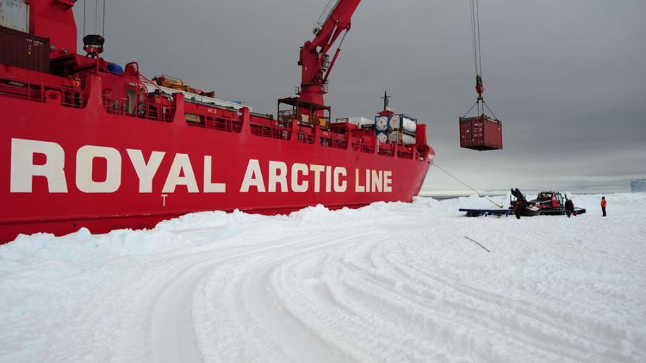 Unloading of the Mary Arctica during the BELARE 2011-2012 expedition. Containers are then loaded on sledges to be taken back to 