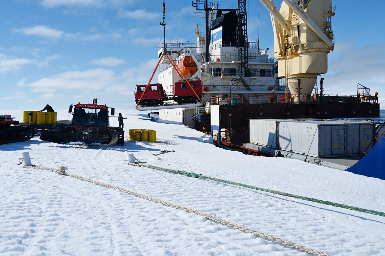 Unloading cargo from the supply ship