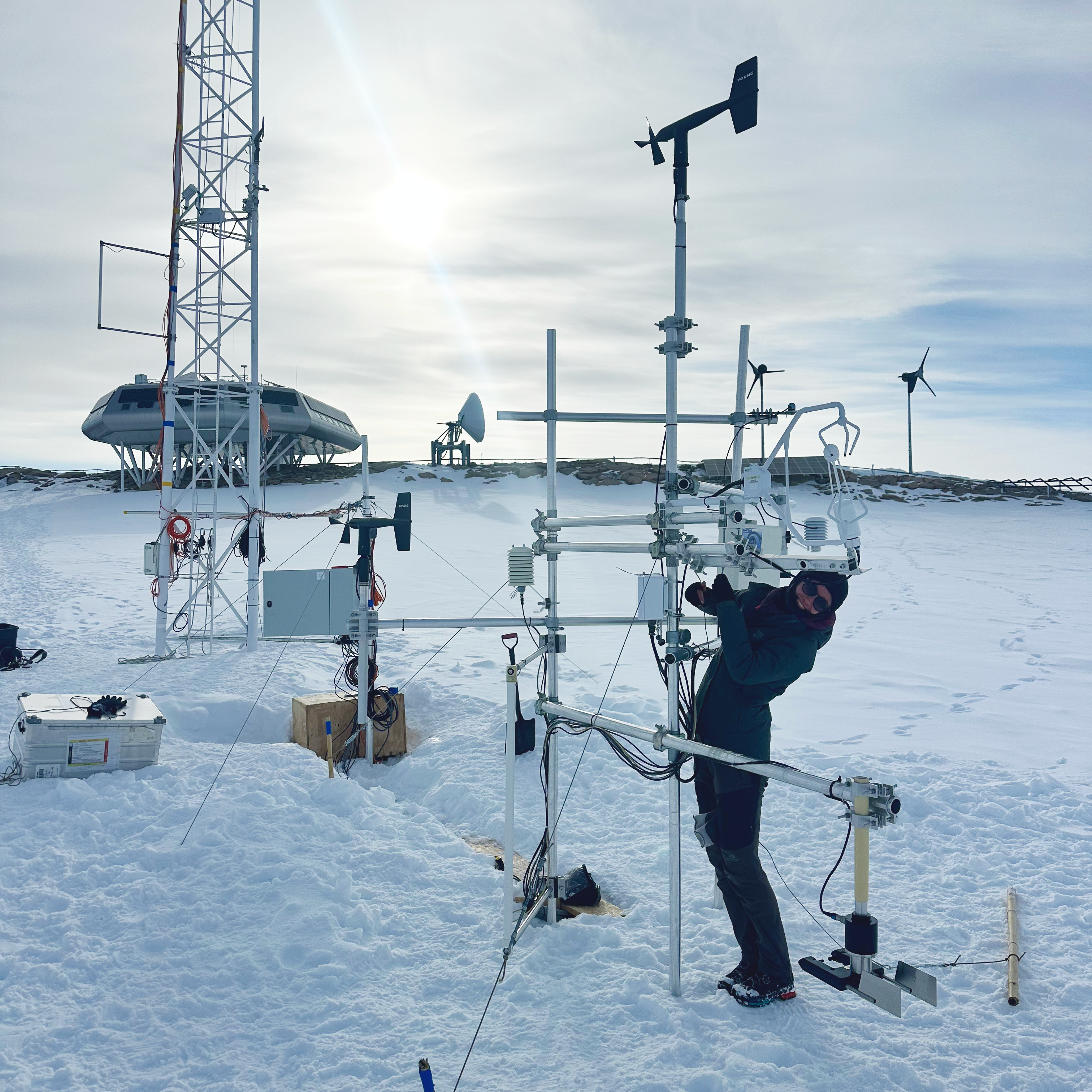 Rainette Engberg (EPFL) works on a sonic anemometer at PEA for the SnowFlux Project