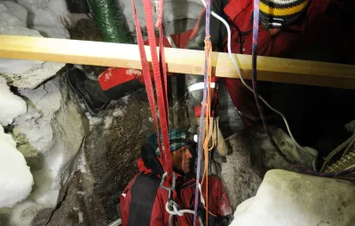IPF Founder and president and BELARE leader Alain Hubert removing ice from treated water crevasse