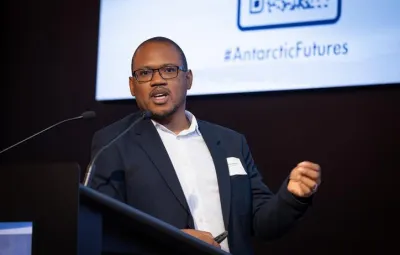 Thulani Makhalanyane speaking at the Antarctic Futures Sympsium