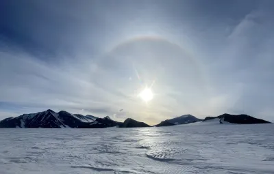 Big halo over Sør Rondane mountains in Antarctica
