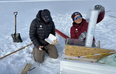 Sarah and Sebastian with a snow core near PEA PASPARTOUT project